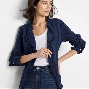 NIC+ZOE Textured Fringe Mix Knit Jacket Cardigan in Indigo Size Large